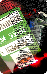 Barcode scanner with id card overlaid with binary digits to illustrate technologies.